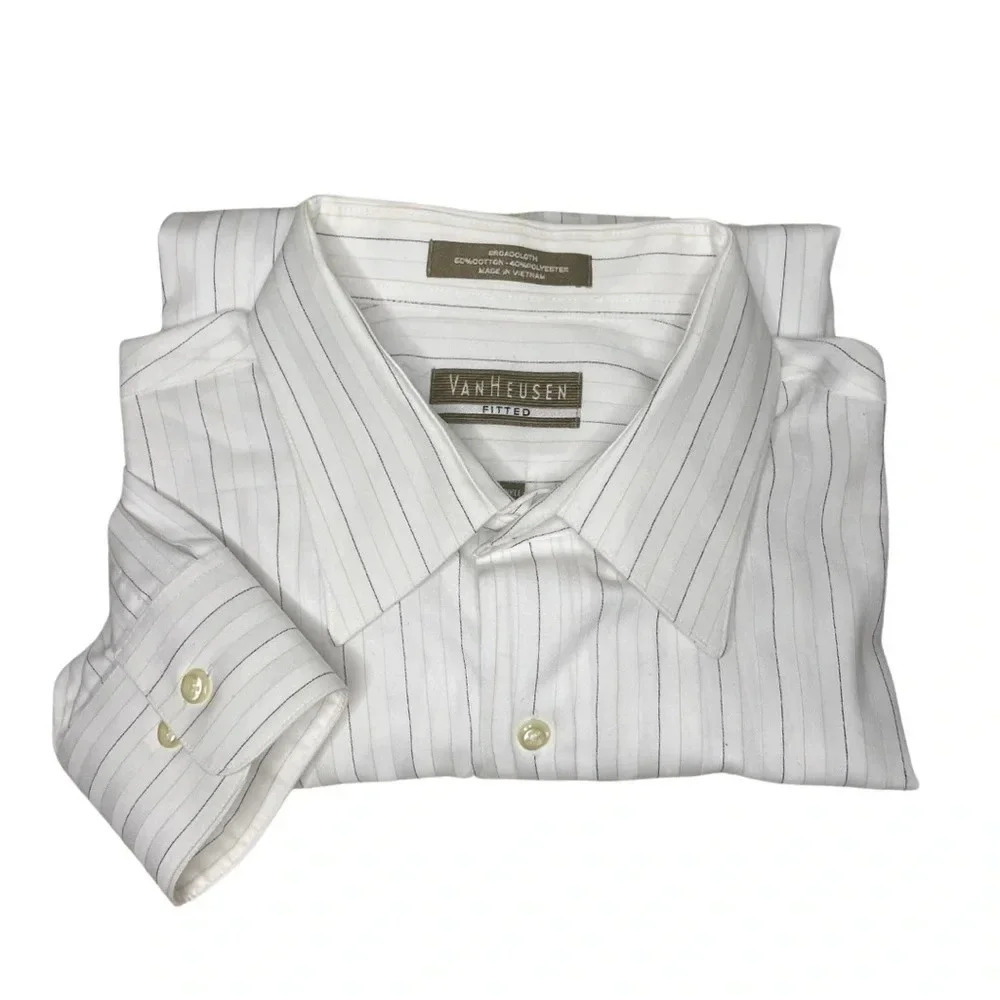 Van Heusen Men's White Striped Fitted Wrinkle-Free Button-Down Shirt Size L